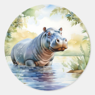 Sticker Rond Aquarelle colorée Hippopotame