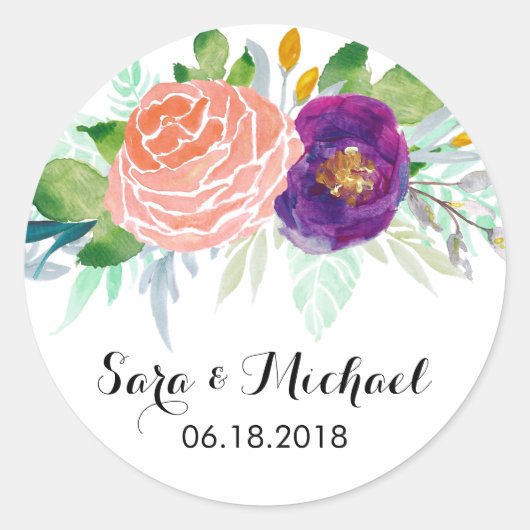 Sticker Rond Aquarelle colorée Mariage floral (Devant)