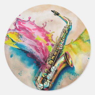 Sticker Rond Aquarelle colorée Saxophone Splash