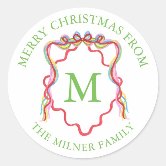 Sticker Rond Aquarelle Confetti Noël Bow Monogram Crest (Devant)