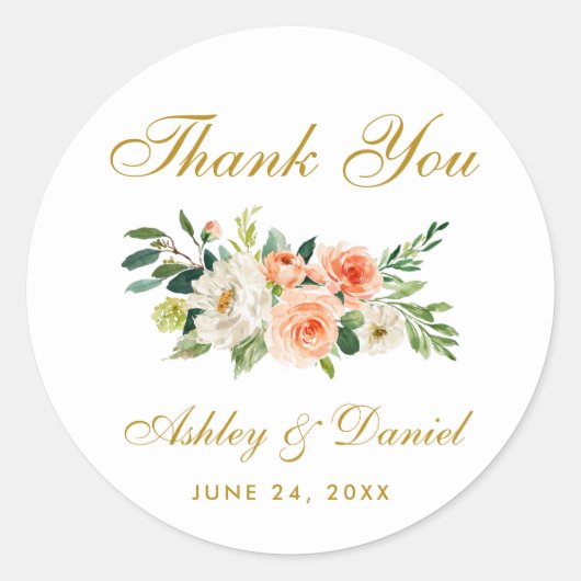 Sticker Rond Aquarelle Coral Floral Mariage or Merci (Devant)