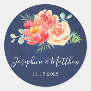 Sticker Rond Aquarelle Coral Floral Verdure Mariage de marine
