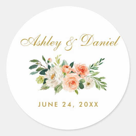 Sticker Rond Aquarelle Coral or Mariage Floral (Devant)