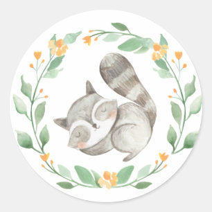 Sticker Rond Aquarelle couchage Raccoon Baby shower de couronne