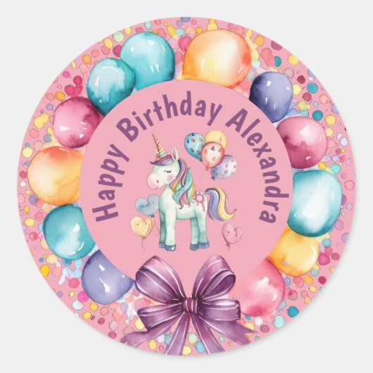 Sticker Rond Aquarelle couleur mignonne Unicorn Anniversaire (Devant)