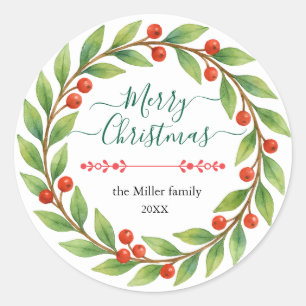 Sticker Rond Aquarelle couronne de Noël avec texte personnalisé