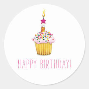 Sticker Rond Aquarelle Cupcake Joyeux anniversaire