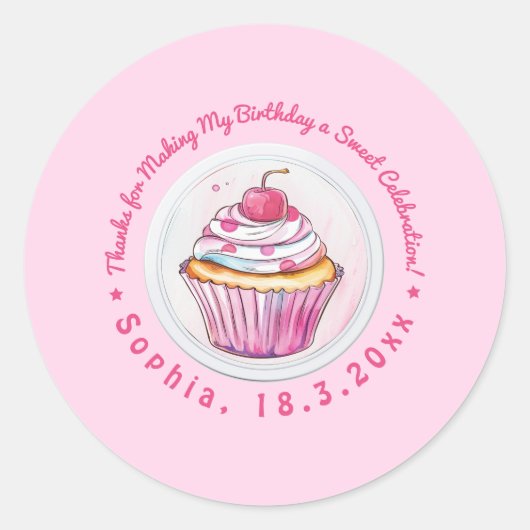 Sticker Rond Aquarelle Cupcake Sweet Merci d'anniversaire (Devant)