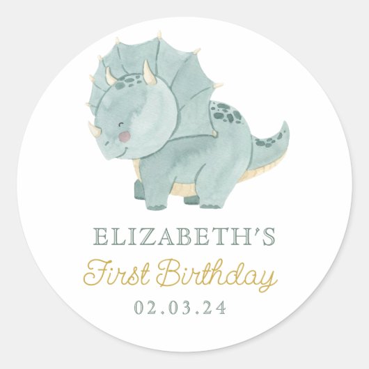 Sticker Rond Aquarelle Cute Dino Anniversaire (Devant)