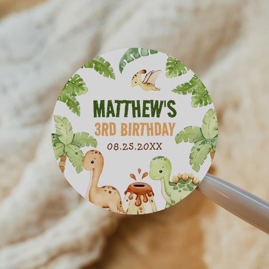 Sticker Rond Aquarelle Cute Dinosaur Vert 3e anniversaire