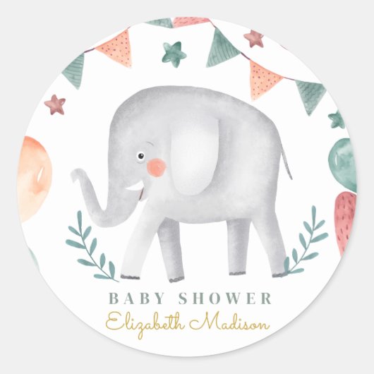 Sticker Rond Aquarelle Cute Elephant Baby shower (Devant)