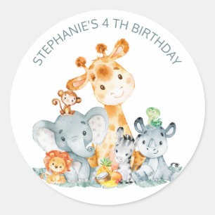 Sticker Rond Aquarelle Cute Safari Jungle Animaux Anniversaire