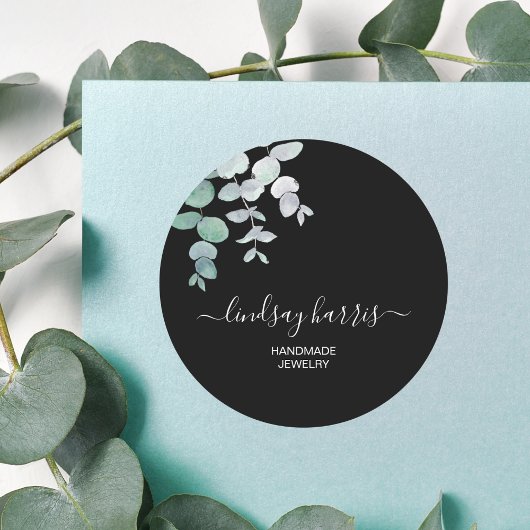 Sticker Rond Aquarelle de bijoux Eucalyptus Noir