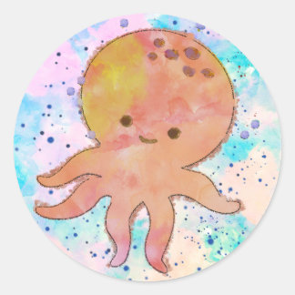 Sticker Rond Aquarelle de caricature de poulpe mignonne
