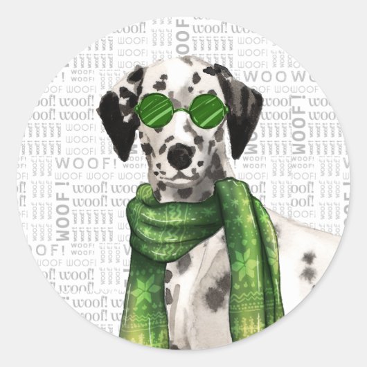 Sticker Rond Aquarelle de chien dalmate de Noël Père Noël (Devant)