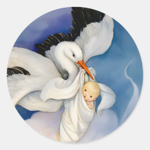 Sticker Rond Aquarelle de cigogne vintage livrant un bébé