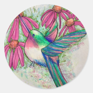 Sticker Rond Aquarelle de Conflowers roses de colibri