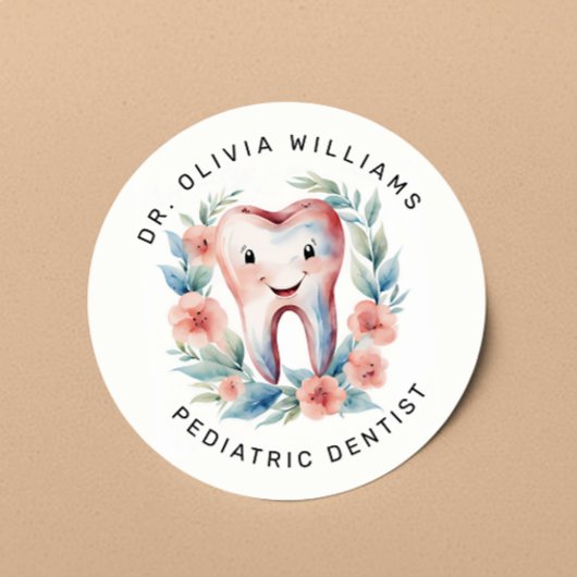 Sticker Rond Aquarelle de couleur blanche pour dentiste pédiatr