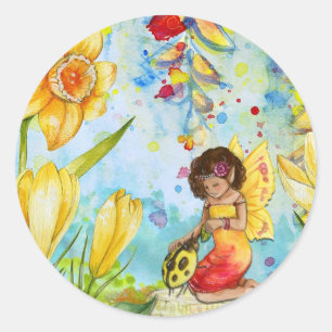Sticker Rond Aquarelle de fée illustration fantaisie