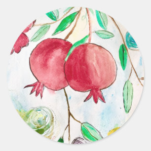 Sticker Rond Aquarelle de fruit de grenade art tropical rouge