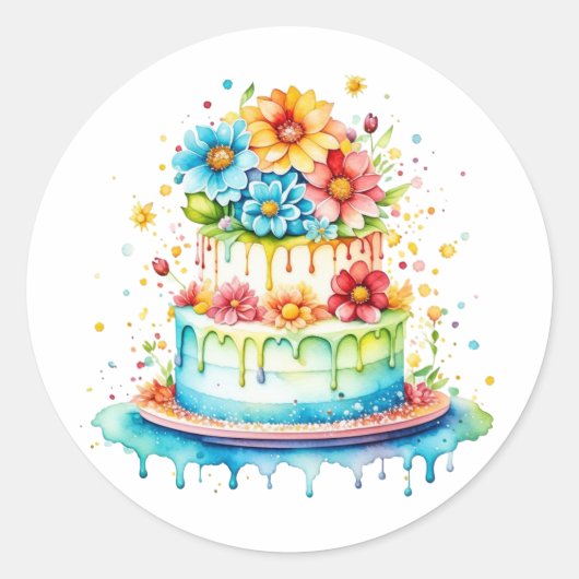 Sticker Rond Aquarelle de gâteau d'anniversaire rouge et bleu (Devant)