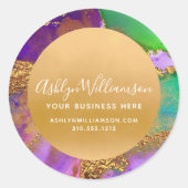 Sticker Rond Aquarelle de marbre moderne violet or vert script (Devant)