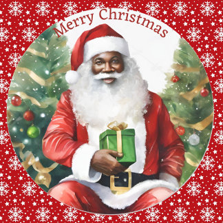 Sticker Rond Aquarelle de Noël afro-américaine du Père Noël