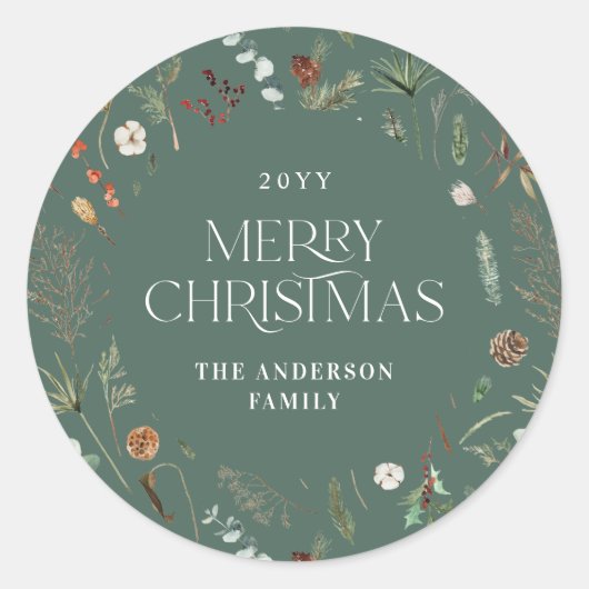 Sticker Rond Aquarelle de Noël botanique sauge floral vert (Devant)