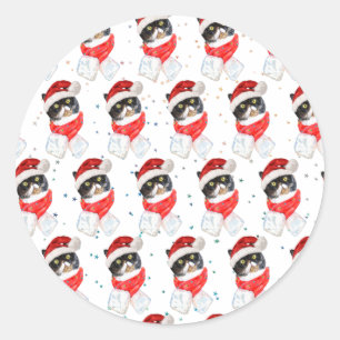 Sticker Rond Aquarelle de Noël Chat Tricolée avec Écharpe