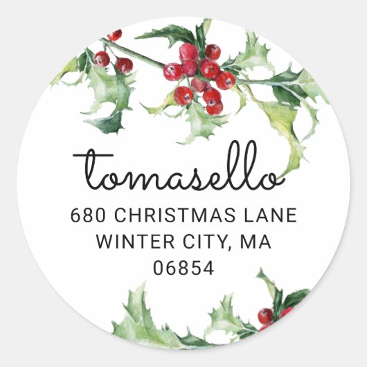 Sticker Rond Aquarelle de Noël Holly Berries Adresse de retour (Devant)