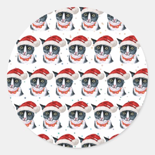 Sticker Rond Aquarelle de Noël Noir et Blanc Chat (Devant)