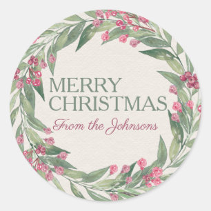 Sticker Rond Aquarelle de Noël personnalisée Rouge Holly Wreath