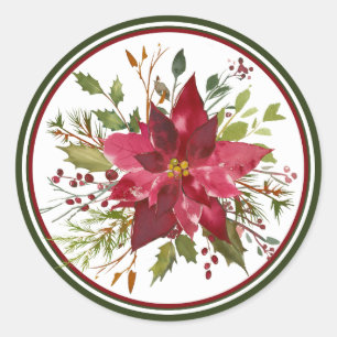 Sticker Rond Aquarelle de Noël Poinsettia