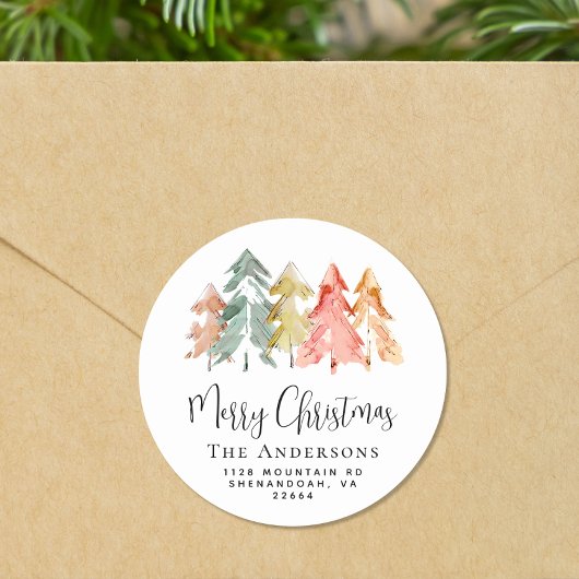 Sticker Rond Aquarelle de pin de Noël Adresse de retour