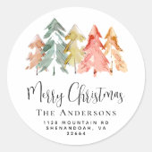 Sticker Rond Aquarelle de pin de Noël Adresse de retour (Devant)