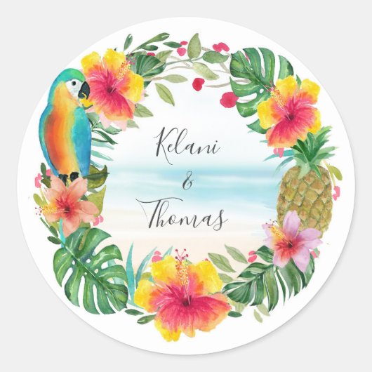 Sticker Rond Aquarelle de plage tropicale Wreath florale (Devant)