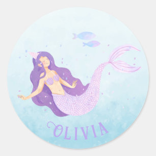 Sticker Rond Aquarelle de sirène mauve mauve fille Anniversaire