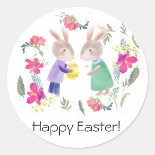Sticker Rond Aquarelle délicate lapin et oeuf de Pâques