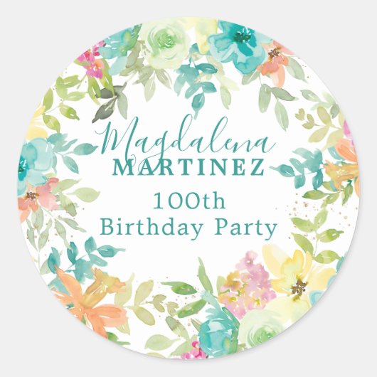 Sticker Rond Aquarelle d'été Floral Custom 100e anniversaire (Devant)