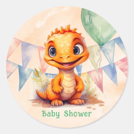 Sticker Rond Aquarelle Dinosaur orange Drapeaux Baby shower gar (Devant)