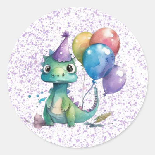 Sticker Rond Aquarelle Dinosaure Ballons Fille fête d'anniversa (Devant)