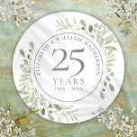 Sticker Rond Aquarelle douce Feuilles 25e anniversaire<br><div class="desc">Featuring delicate soft watercolour leaves,  this chic botanical 25th wedding anniversary design can design can be personalised with your special anniversary information in elegant silver text. Designed by Thisisnotme</div>