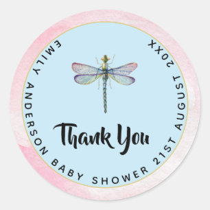 Sticker Rond Aquarelle DRAGONFLY Merci Baby shower rose Blu