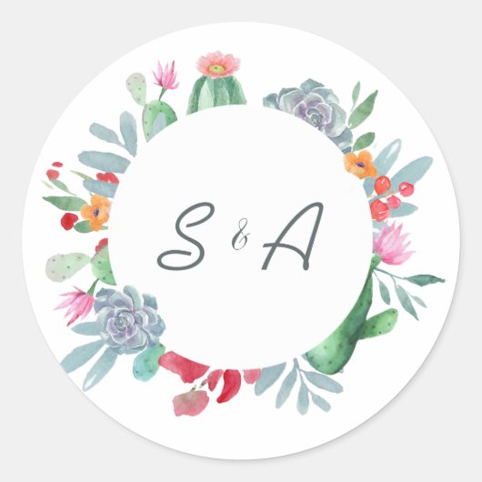 Sticker Rond Aquarelle du désert Cactus Floral Mariage Monogram (Devant)