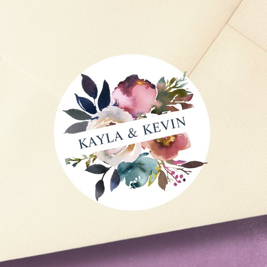 Sticker Rond Aquarelle Dusty Mauve Rose Bleu Floral Mariage