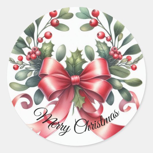Sticker Rond Aquarelle élégante mistletoe Joyeux Noël (Devant)