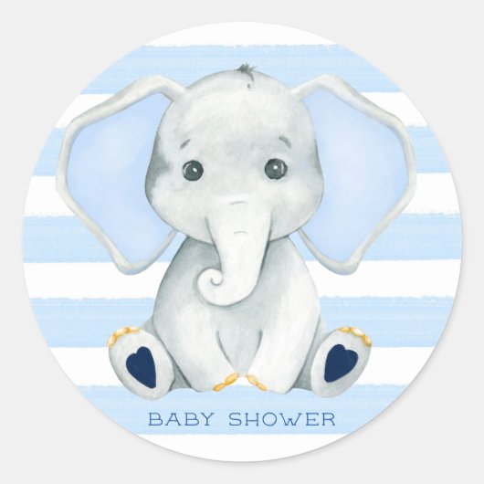 Sticker Rond Aquarelle Elephant Avec Baby shower Bleu Stripes (Devant)