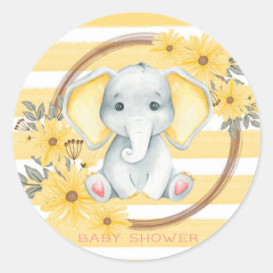Sticker Rond Aquarelle Elephant Avec Baby shower Jaune