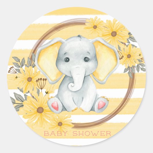 Sticker Rond Aquarelle Elephant Avec Baby shower Jaune (Devant)