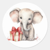 Sticker Rond Aquarelle Eléphant de Noël avec cadeau (Devant)